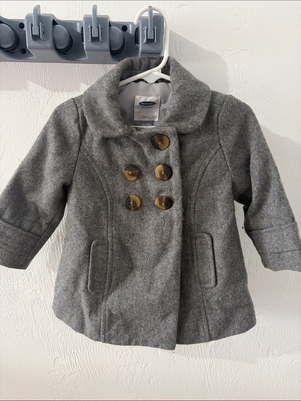 Old Navy Girls Gray Double-Breasted Pea Coat with Decorative Buttons